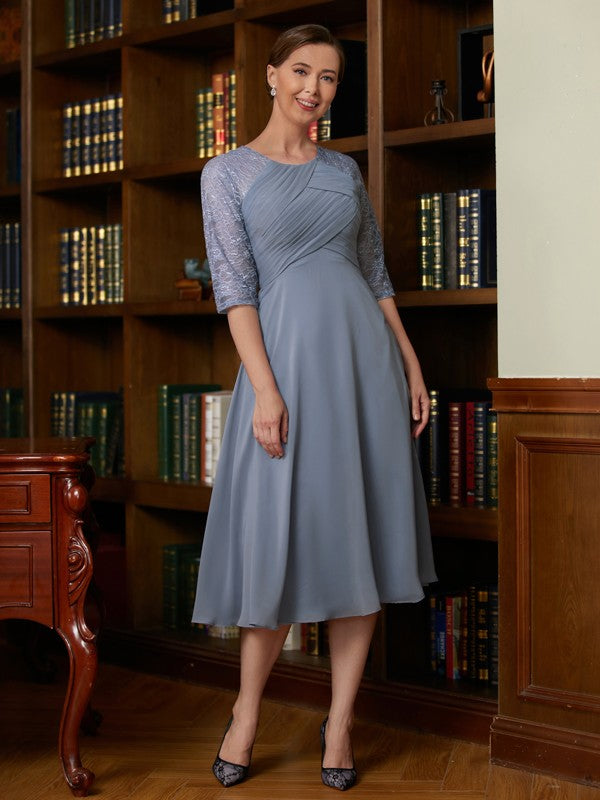 Wholesale A-Line/Princess Chiffon Lace Scoop 1/2 Sleeves Tea-Length Mother of the Bride Dresses